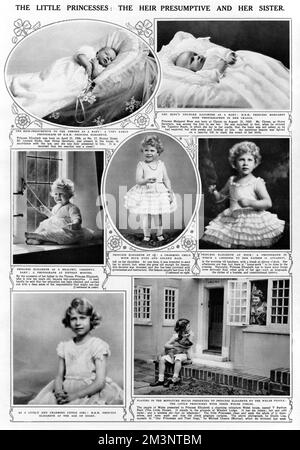 The Little Princesses - the Heir Presumptive and her sister.  Page from the Illustrated London News Accession Number 1936, featuring various photographs of the future Queen Elizabeth II and Princess Margaret in infancy and childhood.       Date: 1936 Stock Photo