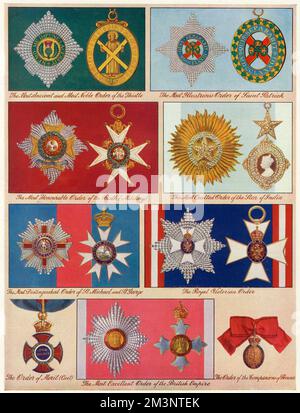 Insignia of the chief orders following in importance that of the Garter.  The ribbons are represented by the backgrounds, except in the Order of Merit, and that of the Companions of Honour.       Date: 1937 Stock Photo