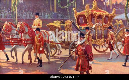 First sight of King George VI and his consort, Queen Elizabeth after they had left Westminster Abbey for the processional drive back to Buckingham Palace.  Illustration shows their Majesties crowned and carrying sceptres, seated in the magnificent golden State coach and accompanied by Yeoman of the Guard and other attendants in livery of red and gold.       Date: 1937 Stock Photo