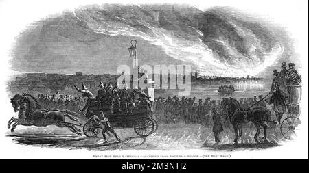 Crowds of spectators watch a conflagration near Nine Elms, Battersea, from across the River Thames at Vauxhall Bridge, while a fire engine rushes by to try to help stop the blaze.  1847 Stock Photo