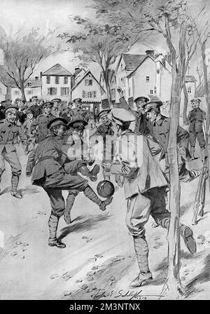 'Our Happy Tommies'  Sutcliffe??s illustration, records a football match played by troops in a French village ??place?? somewhere along the British second line during the battle of the Aisne. The caption reminds the reader that ??many footballs have been sent to France for use in the ranks??. The picture, as well as the title, conveys a positive image of trench life and would have given comfort to those at home to know that their men occasionally had fun. But football also embodied the British spirit of fair play, a symbolism that also found credence on the battlefield.      Date: 1914 Stock Photo