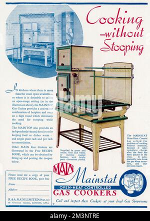 'Cooking without stooping'.  In kitchens where there is more than the usual space available, or where it is desirable to untilize an open-range setting setting the Maintop gas cooker provides a convenient combination of hotplate and oven on a high stand which eliminates the need for stooping while cooking.  1938 Stock Photo