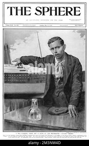 Front cover from The Sphere magazine showing a scene from the Westminster Titanic inquiry, held shortly after the sinking of the ship on April 15th 1912.  Illustration shows Robert Hitchens, a quartermaster on the Titanic, who was holding the wheel when the vessel was struck by an iceberg.  Seen pointing out to the court his position at the time of the collision by means of one of the big models and sections placed in the hall.  The quartermaster stated he received the order, 'Hard-a-starboard' and the vessel had swung about two points when the crash came.       Date: 1912 Stock Photo