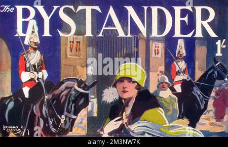 Illustration for the masthead of The Bystander magazine featuring a chic 1920s woman visiting the mounted Guards at their sentry post in Whitehall, a popular London tourist sight.       Date: 1927 Stock Photo