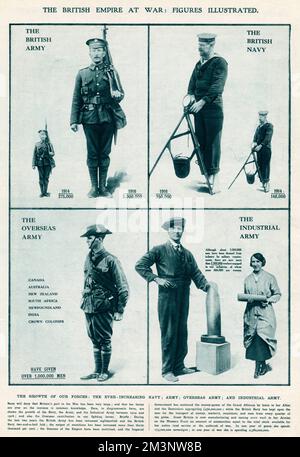 An Illustration attempting to reflect the growth of the British Army, Navy, overseas and the industrial forces, during the years 1914 - 1916.  The British army increased eighteenfold and the British navy two-and-a-half fold, the output of munitions increased more than thirty thousand per cent.  The finance of the Empire had mobilised, and the Imerial Government has sustained the money-power of the Grand Alliance by loans to her Allies and Dominions aggregating 450.000.00.  In one year of peace she spent 173.000.000 sovereigns; in one year of War she spent 2.382.000.000.     Date: 1916 Stock Photo