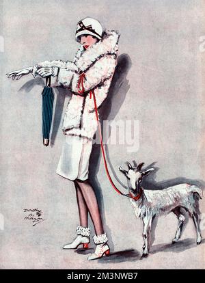 A woman dressed in a fashionable outfit of a lamb jacket and matching trimmed boots, goes out with her pet goat on a leash.     Date: 1927 Stock Photo