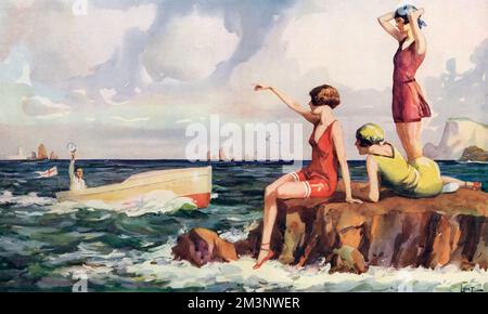 Three bathing belles in brightly-hued swimsuits, sunbathe on a rock and catch the attention of a young man in a passing speedboat.       Date: 1927 Stock Photo