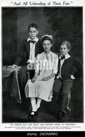 Prince Max, Prince Ernst and Princess Sophie von Hohenberg of Austria, photographed a few days before the assassination of their parents, the Archduke Franz Ferdinand and his wife Sophie.       Date: 1914 Stock Photo