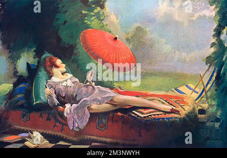 A lush, colourful painting by William Barribal showing a red-haired girl reclining amongst cushions as she holds a parasol in one hand and a cigarette holder in the other.  It looks as if she is part of a setting in an artist's studio.     Date: 1927 Stock Photo
