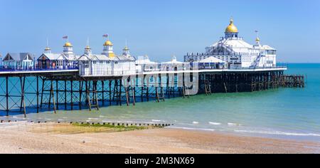 Eastbourne East Sussex Eastbourne beach and Eastbourne pier with no people on the beach Eastbourne beach Eastbourne East Sussex England UK GB Europe Stock Photo