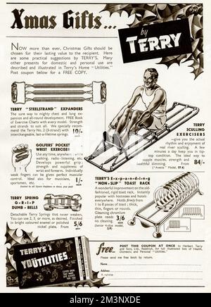 Christmas gift ideas from Herbert Terry exercisers, including steelstrand expander, golfer pocket wrist exerciser, spring grip dumbbells, exercises rowing machine and a toast rack for when you have finished with the exercising!     Date: 1939 Stock Photo