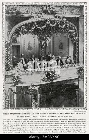 The first Royal Variety Show performance, then known as the Command Performance, at the Palace Theatre in 1912.The royal box, specially constructed to give the most complete view of the stage as possible, contained King George V, Queen Mary, Grand Duchess George of Russia, Princess Victoria, Princess Christian, Princess Henry of Battenburg, Prince Arthur of Connaught, the Duke of Teck and Prince Alexander of Teck. 'Never before did a Palace audience laugh so much' said the acting manager, with the royal party especially enjoying the humourous scenes. Stock Photo