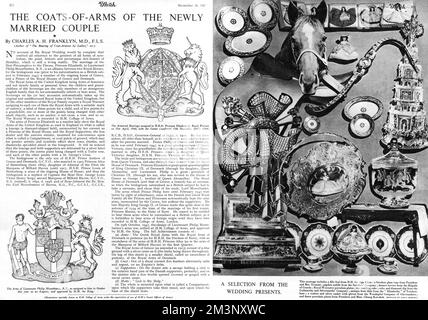 The coat-of-arms of the newly married couple, Princess Elizabeth and Lieutenant Philip Mountbatten. The opposite pages shows a selection of wedding presents, including a filly foal from H.H. the Aga Khan, a Steuben glass vase from President Truman and an antique fruit dish from the &quot;Elizabeths&quot; of Twickenham.     Date: 1947 Stock Photo