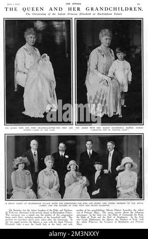 Photographs taken at the christening of Princess Elizabeth; Queen Mary seen with the infant princess and with her eldest grandchild, Master Hubert Lascelles. Below, a group photograph taken at Buckingham Palace after the christening: In the back row- the Duke of Connaught, the King, the Duke of York, and the Earl of Strathmore. In the front row- Lady Elphinstone, the  Queen, the Duchess of York (with the infant princess), the Countess of Strathmore, and Princess Mary.     Date: 1926 Stock Photo
