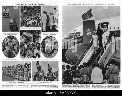 The Queen and Duke of Edinburgh on a tour of Ghana, showing their arrival and welcome at Accra airport, and various scenes from the tour itself. including the Queen and Prince Philip being greeted by President Nkrumah and tribal chiefs waiting to meet the Queen at the airport.     Date: 1961 Stock Photo