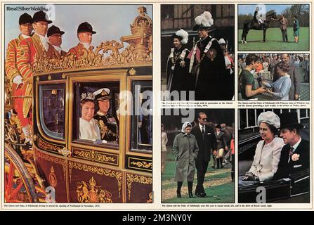 Photographs from various occasions during the Queen's reign, including the Queen and Duke of Edinburgh driving to attend the opening of parliament in 1971, walking in a procession at the Garter ceremony held at Windsor Castle in 1970, and at Royal Ascot. Stock Photo