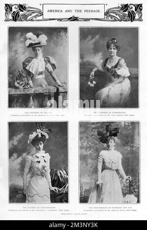 Page from a supplement in The Sketch magazine featuring portraits of four wealthy American heiresses who married into the British nobility.  Clockwise from top left: The Countess of Craven (Cornelia, daughter of Mr Bradley Martin, New York), The Countess of Tankerville (Leonora, daughter of Mr Van Marter, New York), The Marchioness of Dufferin and Ava (Florence, daughter of Mr John H. Davis, New York) and The Duchess of Marlborough (Consuelo, daughter of Mr William K. Vanderbilt, New York).       Date: 1903