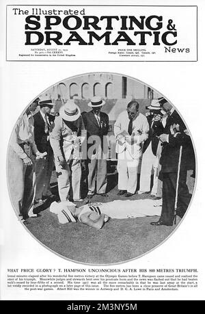 Thomas &quot;Tommy&quot; Hampson (1907  1965), British athlete, winner of the 800 metres at the 1932 Summer Olympics.  Pictured on the front cover of the Illustrated Sporting and Dramatic News lying unconscious on the ground, surrounded by concerned officials, after winning in a record breaking time.  Several minutes elapsed after the race before Hampson recovered and could celebrate his victory.         Date: 1932 Stock Photo