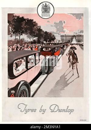 Advertisement for Dunlop tyres, featuring one of the spectacles of the London Season, with a long queue of smart cars (sporting Dunlop tyres obviously), on the Mall in St. James's Park, leading up to Buckingham Palace.  The cars contain debutantes and society ladies, dressed in court gowns and with the traditional three feather headdress, waiting as the cars slowly edge their way to Buckingham Palace where they will be presented to the King and Queen in one of the Courts.   Lining the route are crowds, curious to see the debs in their finery, while a policeman on horseback trots up and down th Stock Photo