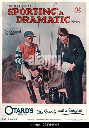 Front cover of the Goodwood Number of the Illustrated Sporting and Dramatic News featuring a jockey in the weighing room prior to a race.     Date: 1928 Stock Photo