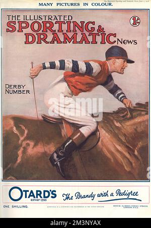 Front cover of the Illustrated Sporting and Dramatic News, featuring a jockey during a race, in recognition of the forthcoming Derby, on which the paper comprehensively reported.     Date: 1928 Stock Photo