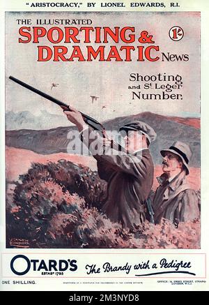 Front cover of The Illustrated Sporting and Dramatic News Shooting and St Leger Number, showing two men enjoying a grouse shoot on the moors.       Date: 1928 Stock Photo