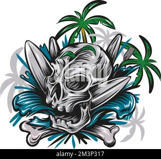 skull head on the beach with a surfboard. vector illustration Stock Vector