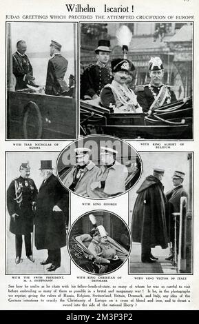 Kaiser Wilhelm II of Germany visiting European heads of state before the outbreak of the First World War.  In separate photos, he can be seen on apparently friendly terms with Tsar Nicolas II of Russia, King Albert I of Belgium, King George V of Britain, the Swiss President M A Hoffmann, King Christian X of Denmark, and King Vittorio Emanuele III of Italy.      Date: 1914 Stock Photo