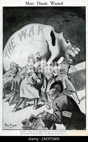 Cartoon, More Hands Wanted.  Showing Admiral von Tirpitz, Von Gwinner (Deutsche Bank), Kaiser Wilhelm, Von Bethmann-Hollweg and Field Marshal Von der Goltz struggling with the war (represented by a large human skull), asking the German Foreign Minister Von Jagow to send more help.  He stands helplessly with various bribery documents in his bag, saying that he's tried, but no-one will come.      Date: August 1914 Stock Photo