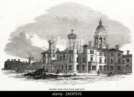 The Italianate exterior of  the New Middlesex Pauper Lunatic Asylum at Colney Hatch, near Friern Barnet, Middlesex (North London). The foundation stone was laid in 1849 by Prince Albert. The asylum later became known as Colney Hatch Mental Hospital and then as Friern Hospital.  1849 Stock Photo