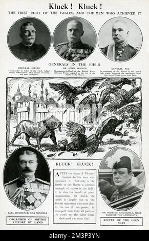 Cartoon and portraits, Kluck! Kluck!  A comment on the defeat of General Alexander von Kluck in the Battle of the Marne, turning the German invaders away from Paris in the early days of the First World War.  Generals in the field were the French generals Joffre and Pau, and British general Sir John French.  Organisers by land and sea were Lord Kitchener (War Minister) and Winston Churchill (First Lord of the Admiralty).  At the centre is a cartoon of the British Bulldog seeing off a flock of German eagles.      Date: August-September 1914 Stock Photo