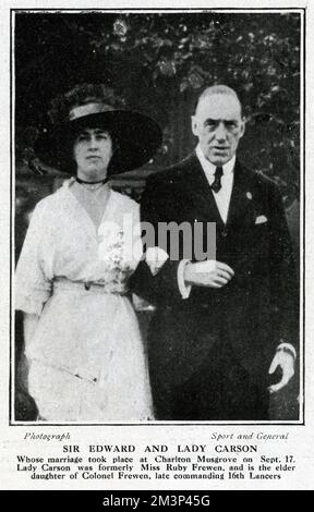 Sir Edward Carson (1854-1935), Irish barrister, judge and unionist politician, seen here on his wedding day with his bride, formerly Miss Ruby Frewen.  They married at Charlton Musgrove, Somerset.  She was 29, he was 60.  They had one son.      Date: 17 September 1914 Stock Photo