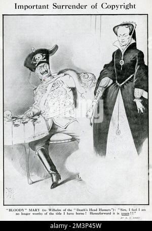 Cartoon, Important Surrender of Copyright.  Showing Bloody Mary (Queen Mary I of England) handing over her title to Kaiser Wilhelm II of Germany, as he now has more blood on his hands than she does on hers.       Date: September 1914 Stock Photo