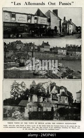 Three views of the town of Senlis, northern France, following German occupation during the early part of the First World War.  Buildings were destroyed and civilians killed, including the Mayor.      Date: September 1914 Stock Photo