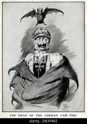 Cartoon, The Head of the German Vam-Pire, with a caricature of Kaiser Wilhelm II with the words Louvain and Rheims (Reims) on his shoulders, and a vampire bat (instead of the usual eagle) above his helmet, with blood dripping from its claws and mouth.  The Kaiser's fur cloak has sharp points on it, echoing the shape of the bat's wings and claws.  September 1914 Stock Photo
