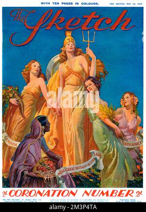 Front cover of The Sketch, special Coronation issue for the Coronation of King George VI, featuring a rather glamorous and statuesque Britannia, surrounded by other womanly representations of the British Empire.       Date: 1937 Stock Photo