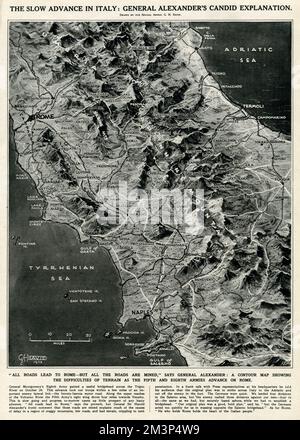 The slow advance in Italy: General Alexander's candid explanation.  'All roads lead to Rome -- but all the roads are mined,' says General Alexander.  A contour map showing the difficulties of terrain as the 5th and 8th Armies advance on Rome during the Second World War. Stock Photo