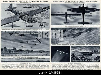 Winged invaders of Crete: details of troop-carrying gliders during the Second World War.  German gliders and the JU52 Sky Tug; landing technique.       Date: 1941 Stock Photo