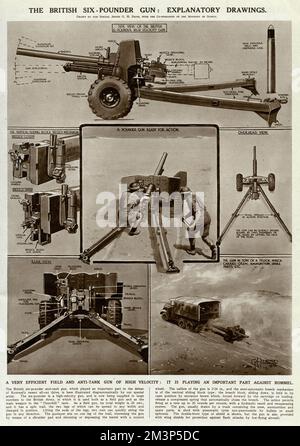 The British six-pounder gun: explanatory drawings.  It was an efficient field and anti-tank gun of high velocity, used for example against Rommel's German army in the desert, Second World War.       Date: 1942 Stock Photo