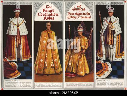 Four pictures showing the changes of King's Coronation robes and vestments during the Coronation ceremony.  On the left, the King arrives at Westminster Abbey in crimson velvet Robe of State and the Cap of Estate.  After anointing he is invested with the Imperial Mantle of Cloth of Gold embroidered with golden eagles.  He then receives the orb before handing it back and receiving the Sceptre with the Cross and the Sceptre with the Dove and being crowned with St. Edward's Crown.  Finally, at the end of the ceremony, he withdraws to St. Edward's Chapel where he changes into a Royal Purple Robe o Stock Photo