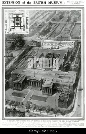 Extension of the British Museum in London: the new King Edward VII Galleries.  A bird's eye view showing the new section of the building. Stock Photo