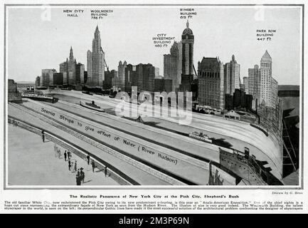The realistic panorama of New York City at the Pink City (White City), Shepherd's Bush, London, part of an Anglo-American exposition.  Featuring a large two-dimensional cutout of the New York skyline, as seen from the Hudson River.  Buildings represented include the Woolworth Building, the Singer Building and the Park Row Building. Stock Photo
