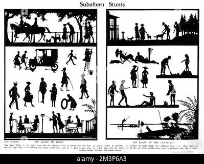 A double page spread of silhouette vignettes by the famous silhouette artist, Captain Harry Lawrence Oakley, featuring scenes during a WW1 subaltern officer's ten day's leave in England, with time divided between town and country.    1917 Stock Photo