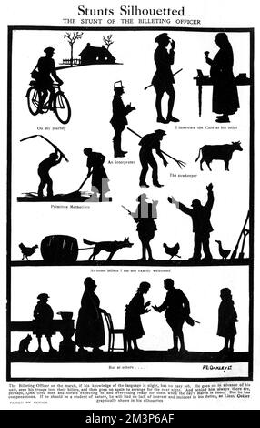 A page of silhouettes by Captain H. L. Oakley published in The Bystander depicting the trials and tribulations of a billeting officer, who was tasked with travelling ahead of his unit to find accommodation.       Date: 1917 Stock Photo