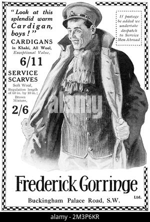 Advertisement by Frederick Gorringe for wool, khaki cardigans and service scarfs for British soldiers during World War I.  The Tommy featured is keen to show off his cardigan and quips, 'Look at this splendid, warm Cardigan, boys!'     Date: 1915 Stock Photo