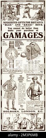 Advertisement by the famous Holborn store, Gamages, suggesting gifts for 'Britain's &quot;Blue&quot; and &quot;Khaki&quot; Boys'.  They include a high-grade lever wrist watch, a Nulite military lamp, specially designed for the light to shine downwards, the service trench coat and the Flanders waistcoat.       Date: 1915 Stock Photo