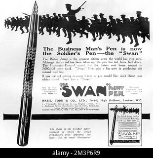 Advertisement for Swan fountain pens 'the business man's pen...now the soldier's pen' with the product placed in front of a silhouette of a battalion charging forward with bayonets fixed.     Date: 1916 Stock Photo