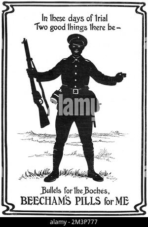 Advertisement for Beecham's Pills from 1916 featuring the outlined silhouette of a British soldiers who states there are two good things in these days of trial - bullets for the boches, and Beecham's Pills for him.       Date: 1916 Stock Photo