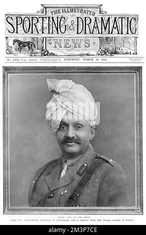 Ranjitsinhji Vibhaji (1872 - 1933), Indian prince and Test cricketer who played for the Sussex English cricket team.  Photographed on the front cover of the Illustrated Sporting & Dramatic News in the uniform of the Indian Cavalry with whom he was serving in France during the First World War.  The magazine employs a play on cricketing terms with their caption of 'Ranji' Out! - At the Front.       Date: 1915 Stock Photo