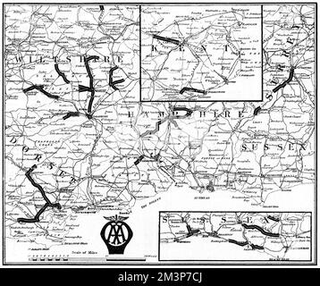 A map of the Southern counties of Britain prepared by the Automobile Association and the Motor Union to indicate the stretches of road extensively damaged by the passage of military traffic and which civilian motorists were advised to avoid.  Roads in Wiltshire, Dorset, Hampshire, Sussex and Kent are all shown.       Date: 1915 Stock Photo